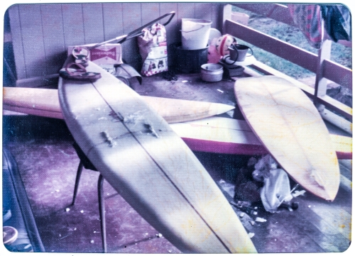 Broken surfboards at the Velzyland house, Hawaii, 1975